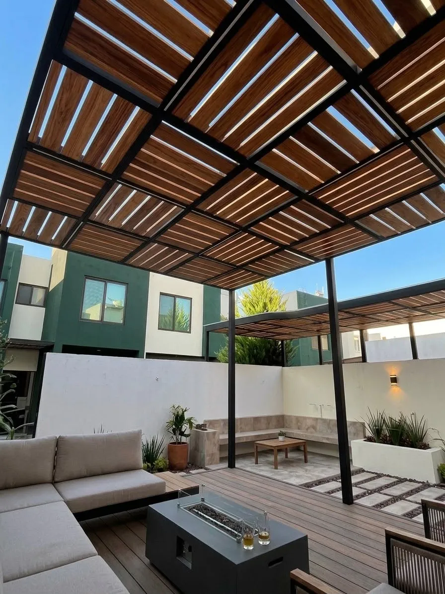 Terraza residencial con pérgola de estructura negra y listones de madera, sala de exterior y mesa con fuego.